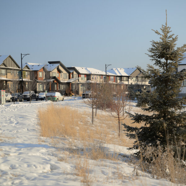 Snow covered residential street in Dansereau Meadows, Beaumont, Alberta.