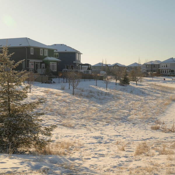 Snow covered open field with homes beyond in Dansereau Meadows, Beaumont, Alberta.
