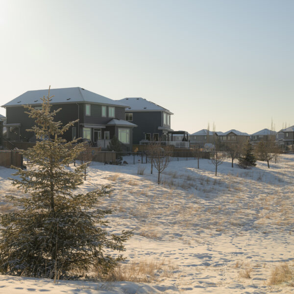 Homes overlooking a snowy sloped green space in Dansereau Meadows, Beaumont, Alberta.
