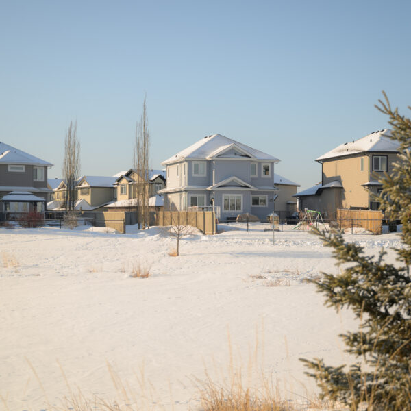 Homes beside a snowy pond area in Dansereau Meadows, Beaumont, Alberta.